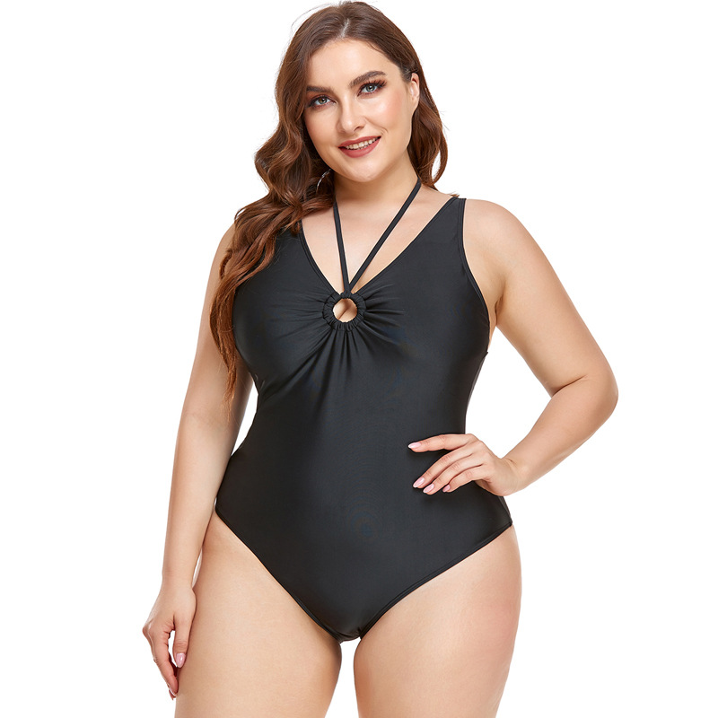 traje de baño de cuello halter de una pieza de color sólido simple de talla grande NHAQY691415