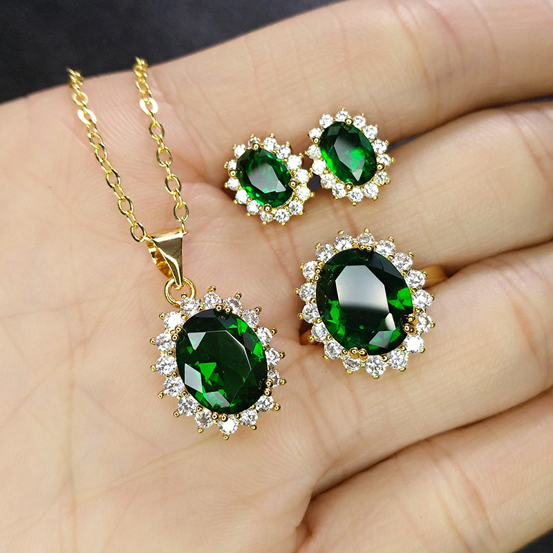 Conjunto de joyas de turmalina verde de imitación de moda Joyas de tres piezas esmeralda NHXIH698188