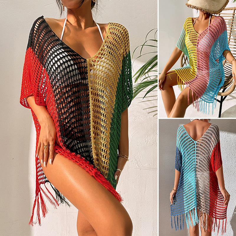 blusa de playa hueca con flecos y cuello en V de jersey suelto sexy con contraste de color nuevo NHCYY714869