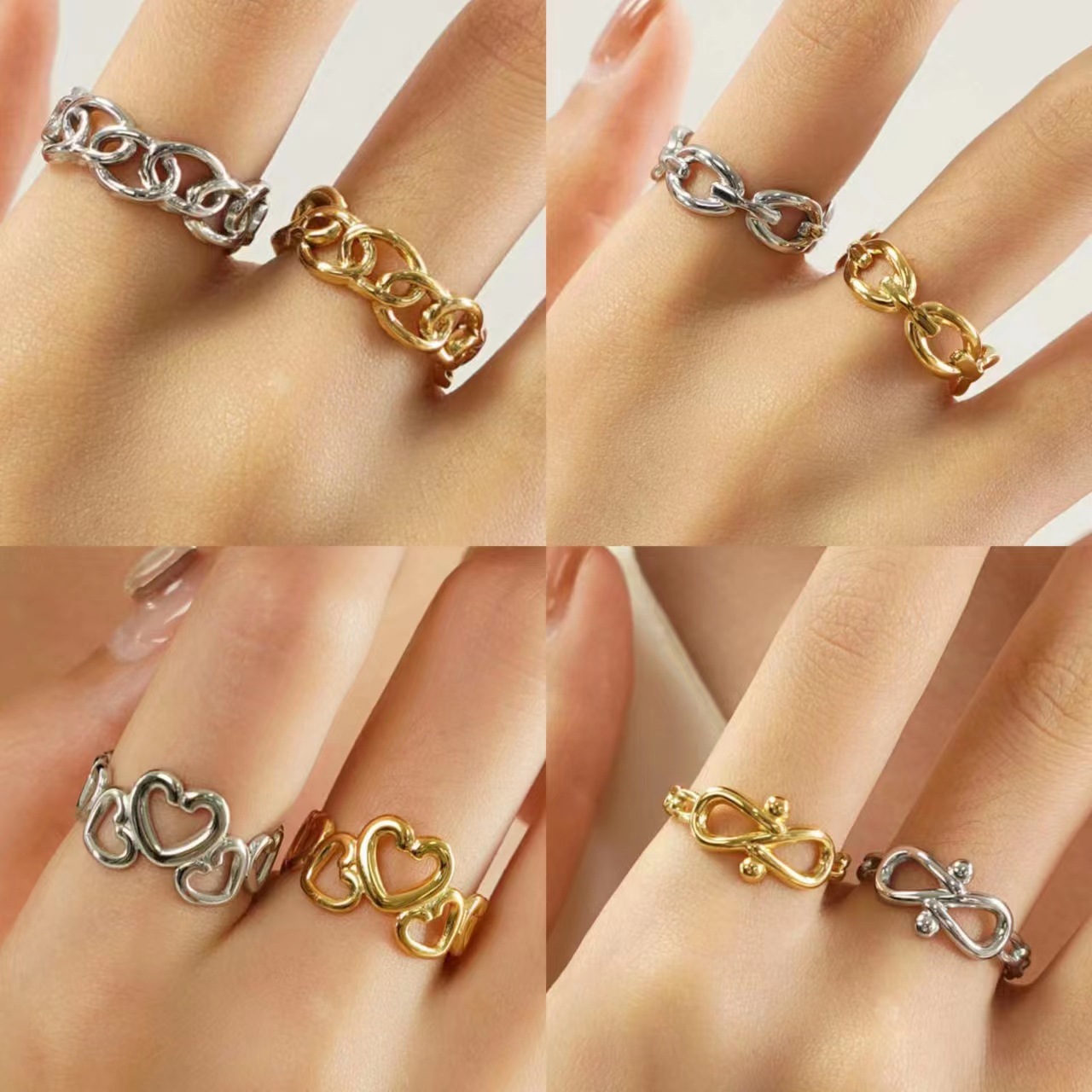 Estilo Vintage Oval Forma De Corazón Color Sólido Acero Inoxidable Enchapado Anillos abiertos