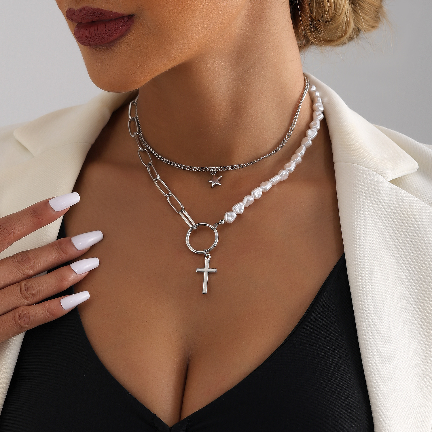 Casual Cruzar Estrella Aleación Labor De Retazos Mujeres Collares de Doble Capa