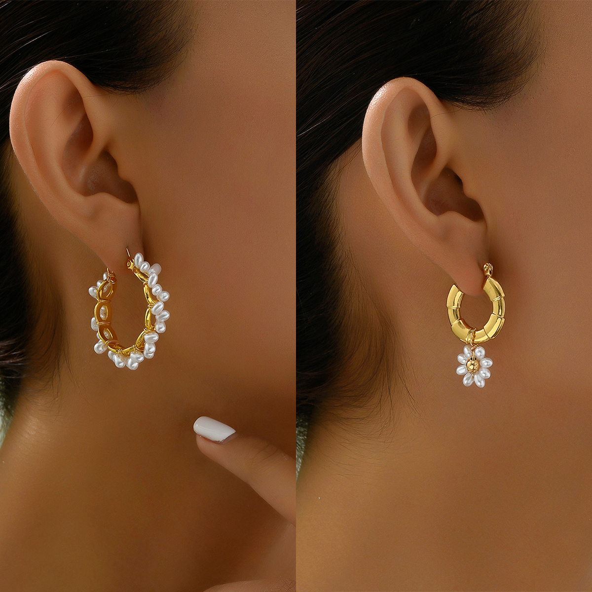 1 Par Elegante Lindo Dulce Flor Con Cuentas Perla Acero Inoxidable Aretes