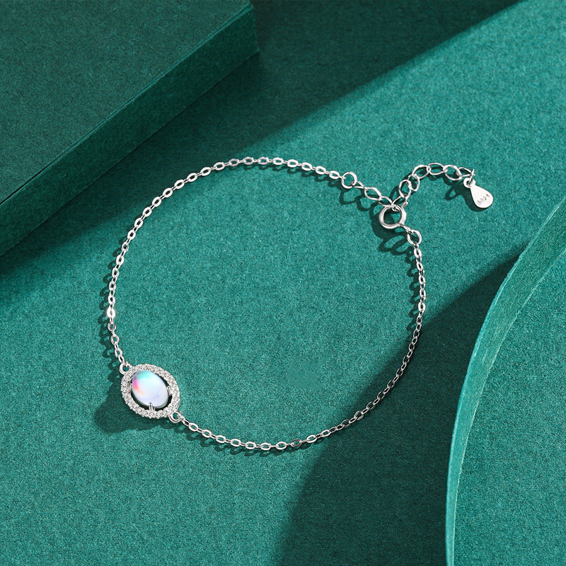 elegante oval plata esterlina enchapado embutido piedra de la luna circón rodio plateado pulsera