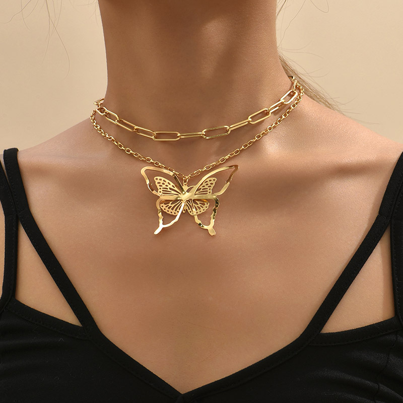 Dulce Estilo Simple Mariposa Aleación Enchapado Ahuecar Mujeres Collares de Doble Capa