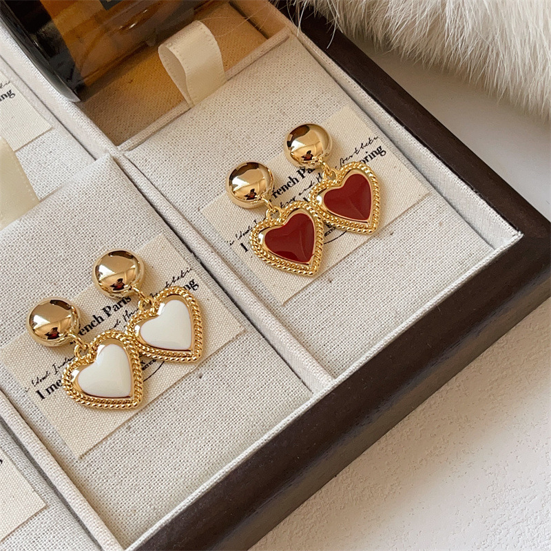 1 Par Elegante Forma De Corazón Esmalte Cobre Pendientes De Gota