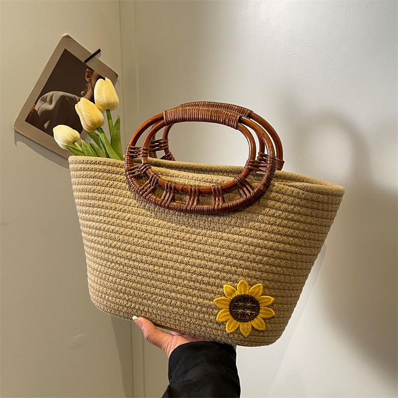 Mujeres Medio Algodón Girasol Flor Estilo Clásico Abierto Bolsa De Paja