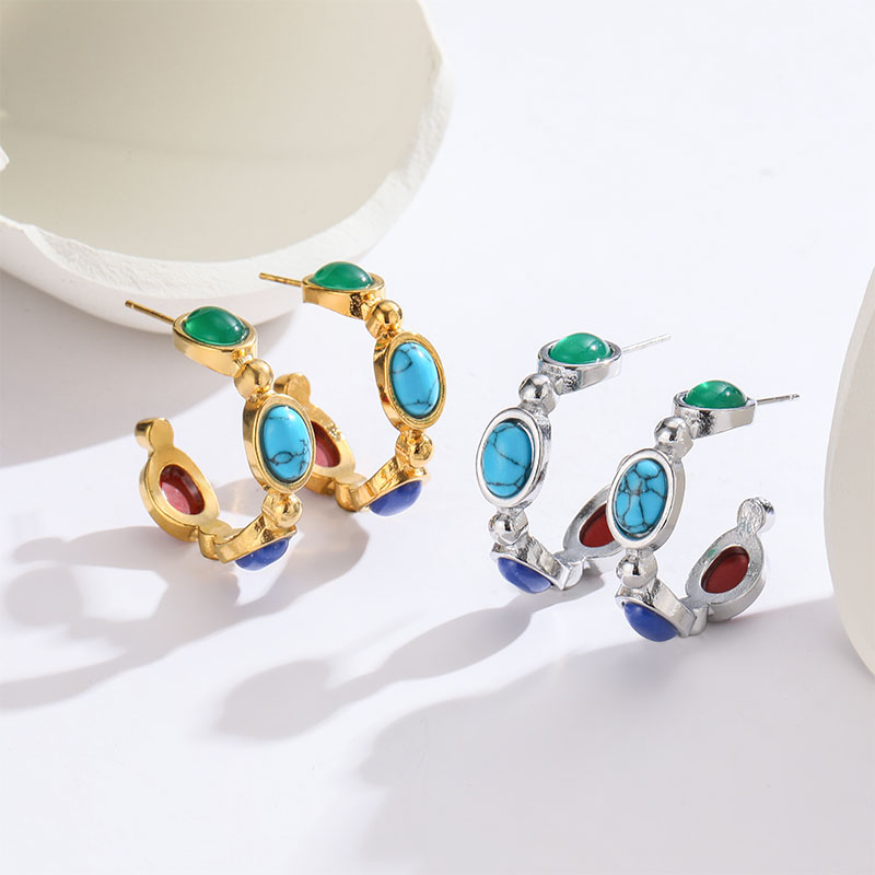 1 Par Retro Forma De C Oval Embutido Acero Titanio Turquesa chapados en oro de 18k Pendientes