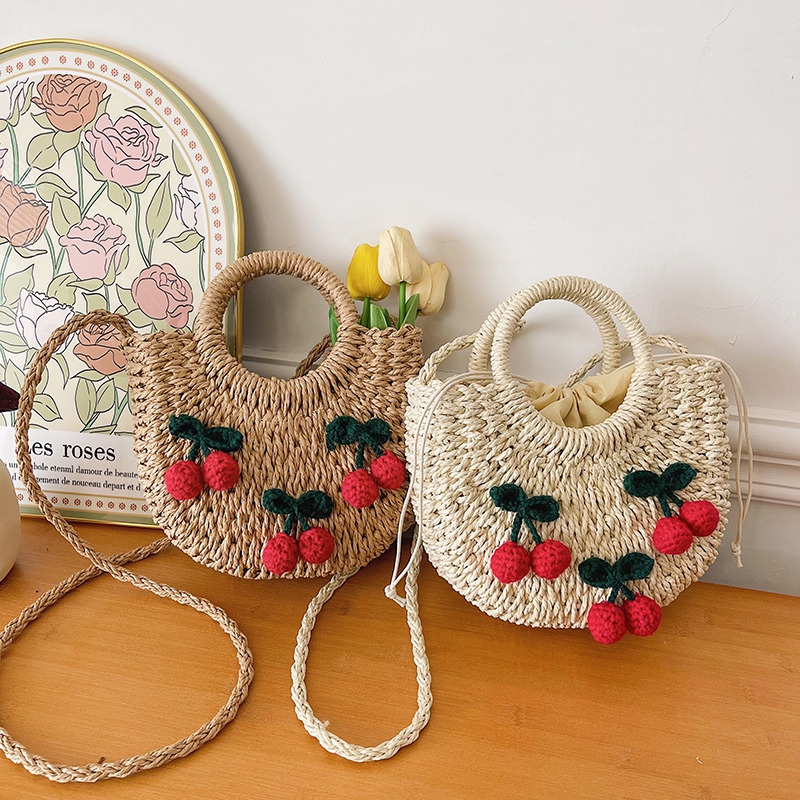 Mujeres Trenza Fruta Color Sólido playa Hilo De Coser Cuerda Bolso