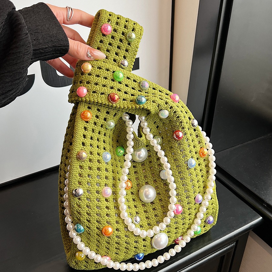 Mujeres Medio Tejer Color Sólido Lindo Perlas Abierto Bolsa De Paja