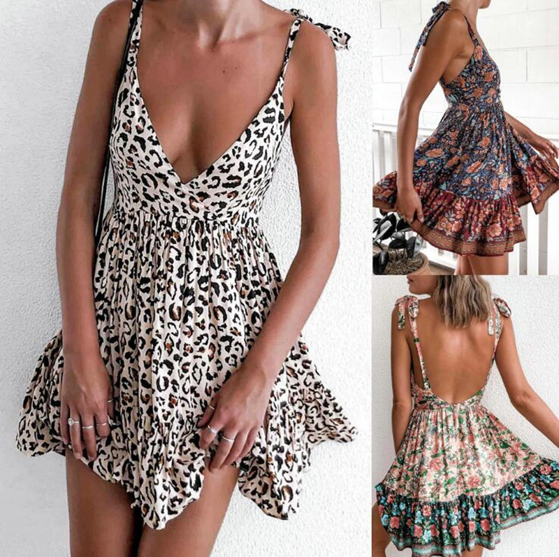 Hawaiano Sexy Tropical Leopardo Vestidos cortos Poliéster Impresión Escotado Por Detrás Vestido De Tirantes Por Encima De La Rodilla Vestidos