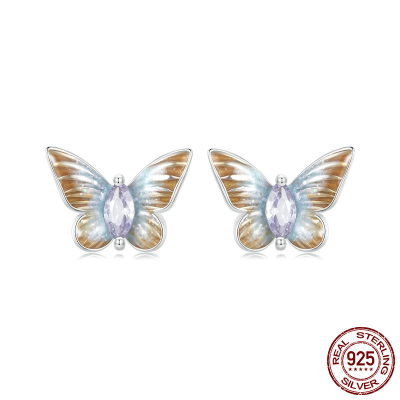 Elegante Estilo Simple Mariposa Plata Esterlina Esmalte Circón Pendientes 1 Par