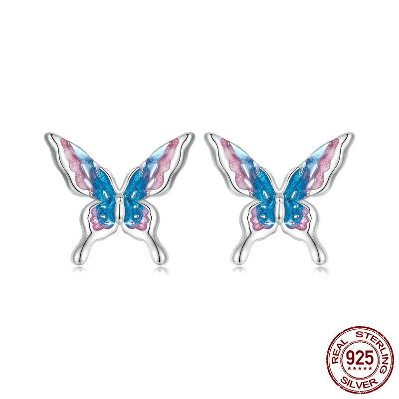 Elegante Dulce Mariposa Plata Esterlina Esmalte Pendientes 1 Par