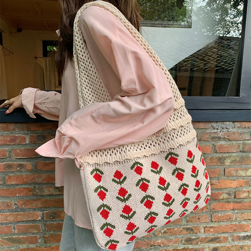 Mujeres Medio Tejer Flor Estilo Vintage Tejido Abierto Bolsas De Hombro