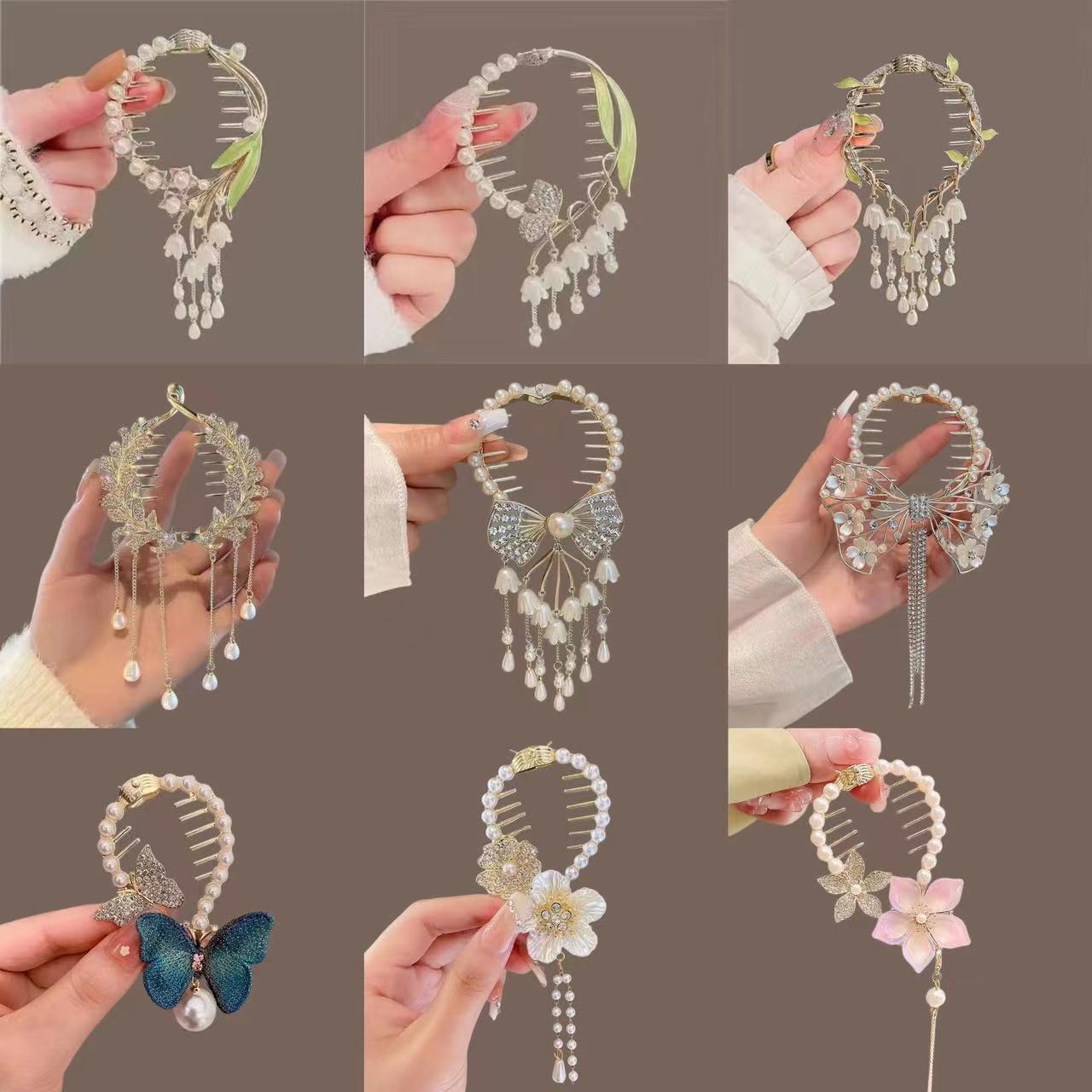 Mujeres Elegante Señora Ropa De Calle Borla Flor Mariposa Aleación Enchapado Embutido Perlas Artificiales Garras De Pelo