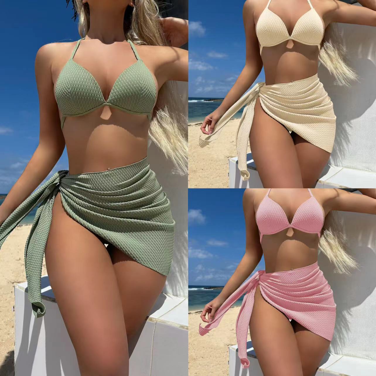 Mujeres Sexy Color Sólido Juego De 3 Piezas Bikinis Traje de baño