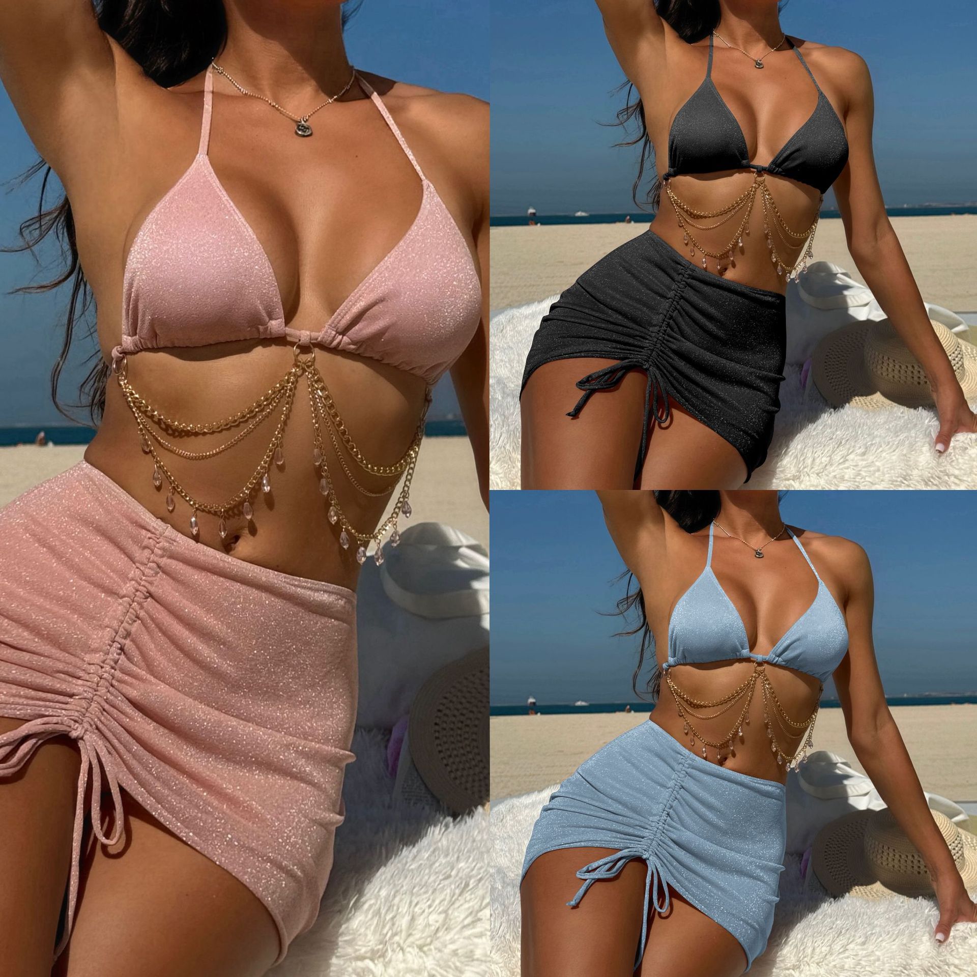 Mujeres Sexy Color Sólido Juego De 3 Piezas Bikinis Traje de baño