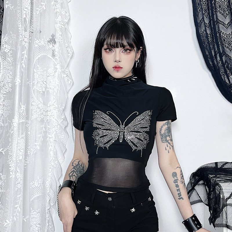 Mujeres Playeras Manga Corta Camisetas Diamante Estilo oscuro Punk Ropa De Calle Mariposa