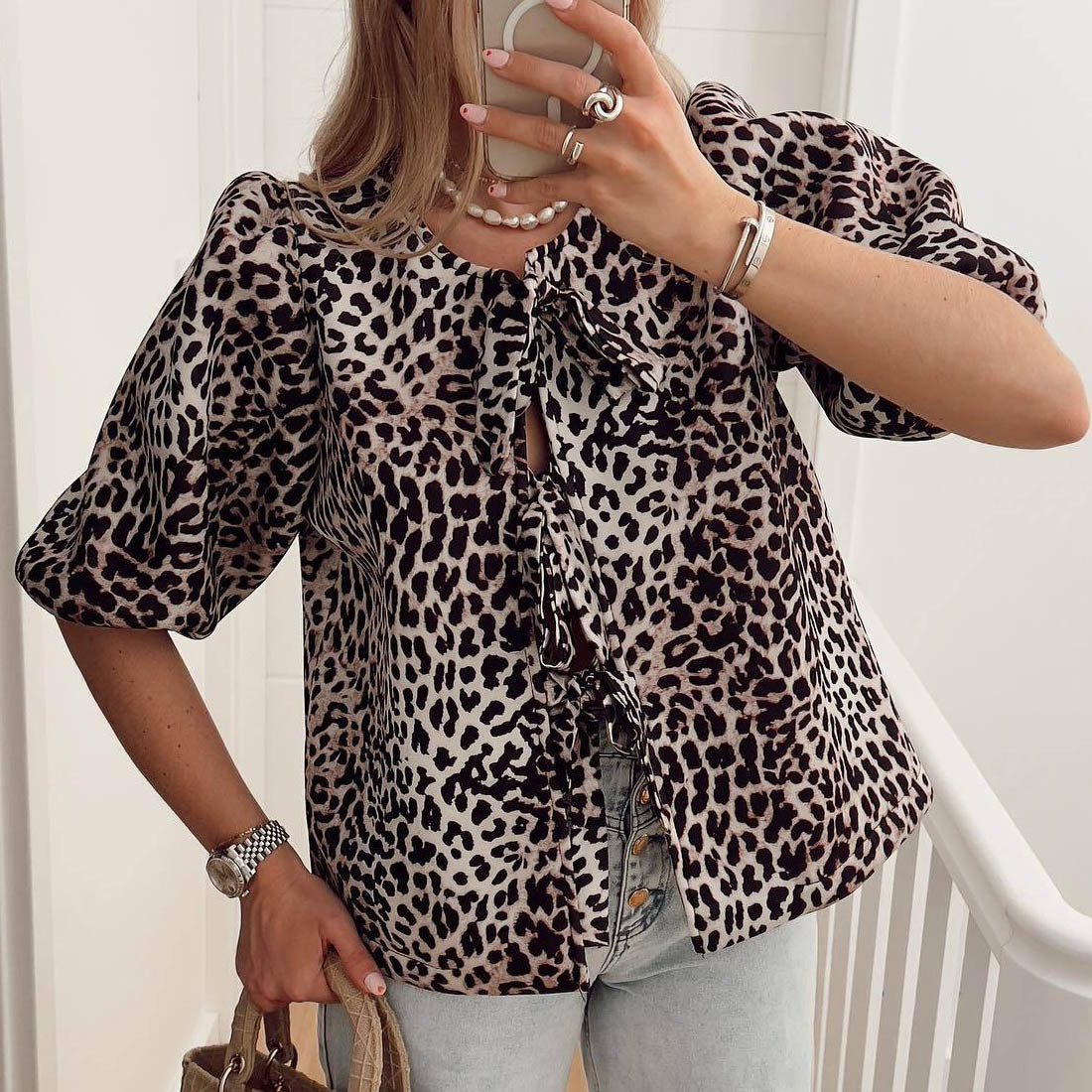 Mujeres Blusa Manga Corta Blusas Impresión Sexy Ropa De Calle Leopardo