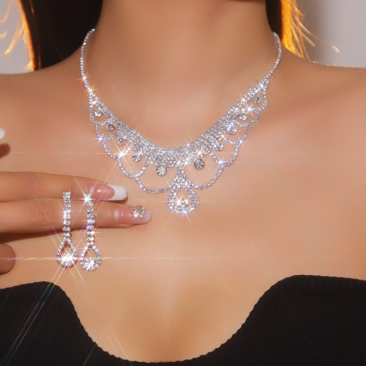 Elegante Lujoso Nupcial Gotitas De Agua Diamante De Imitación Embutido Diamantes De Imitación Mujeres Conjunto De Joyas