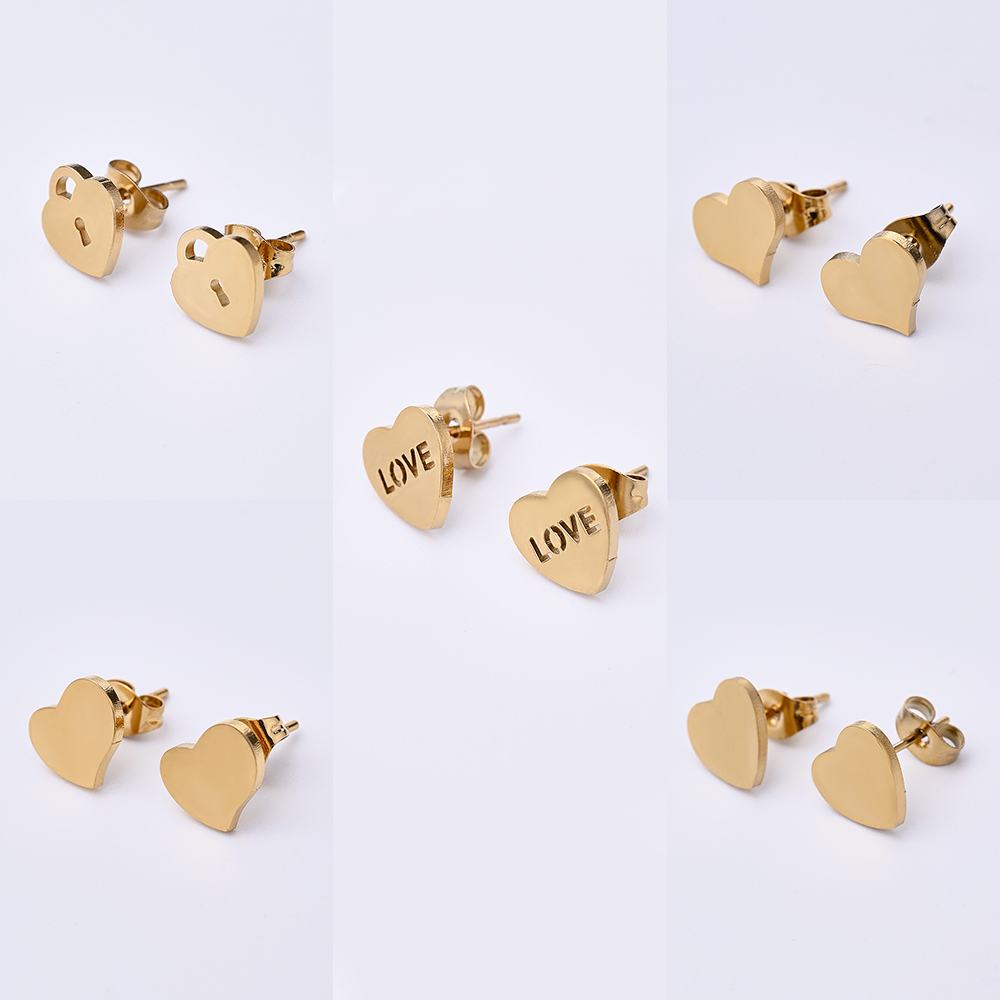 12 pares Lindo Romántico Estilo Simple Amor Forma De Corazón Hecho A Mano Pulido Láser Acero inoxidable 304 Chapado En Oro Pendientes