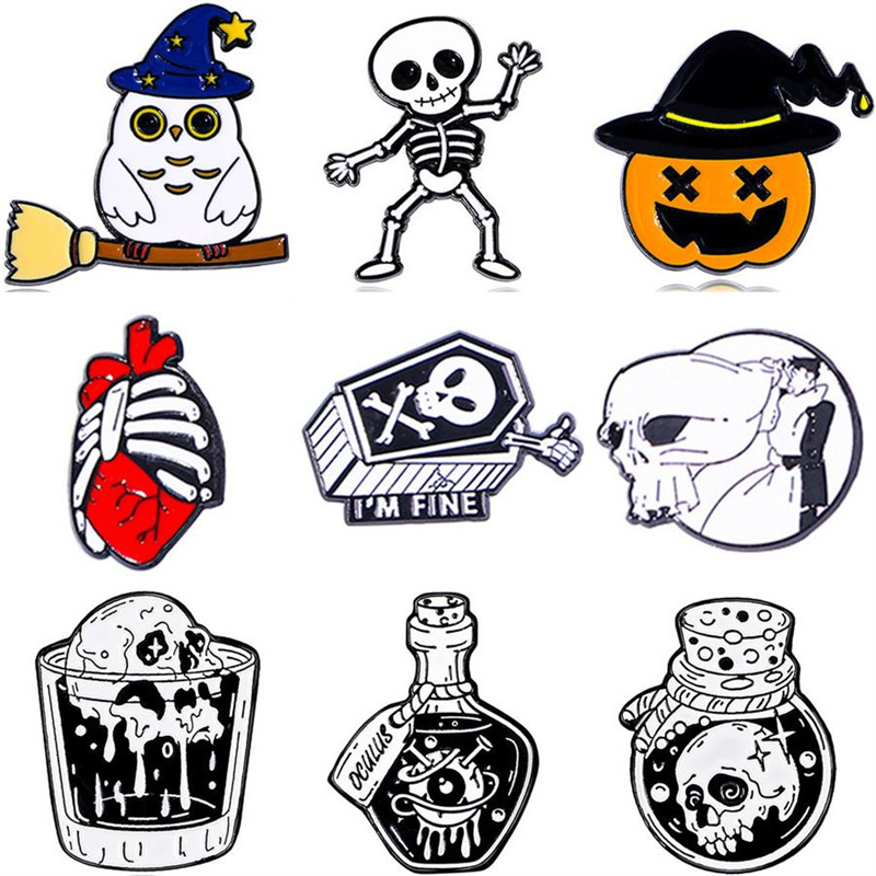 Estilo de dibujos animados Hip Hop Gracioso Patrón De Halloween Calabaza Cráneo Aleación Estampado Barniz De Estufa Enchapado Unisexo Broches Pasador De Cuello