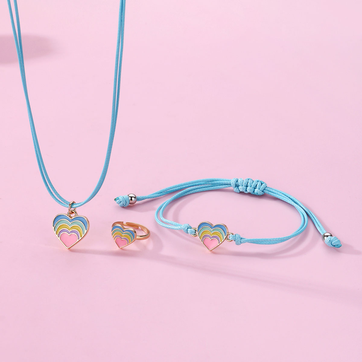 Lindo Romántico Dulce Arcoíris Forma De Corazón Aleación línea de cera Tejido De Punto Esmalte Chapado En Oro K. niños unisex Conjunto De Joyas