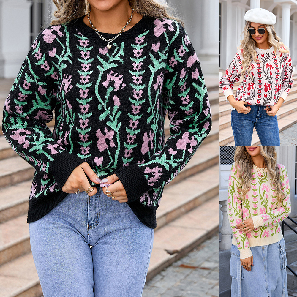 Mujeres Suéter Manga Larga Jerséis y cárdigans Jacquard Ropa De Calle Flor