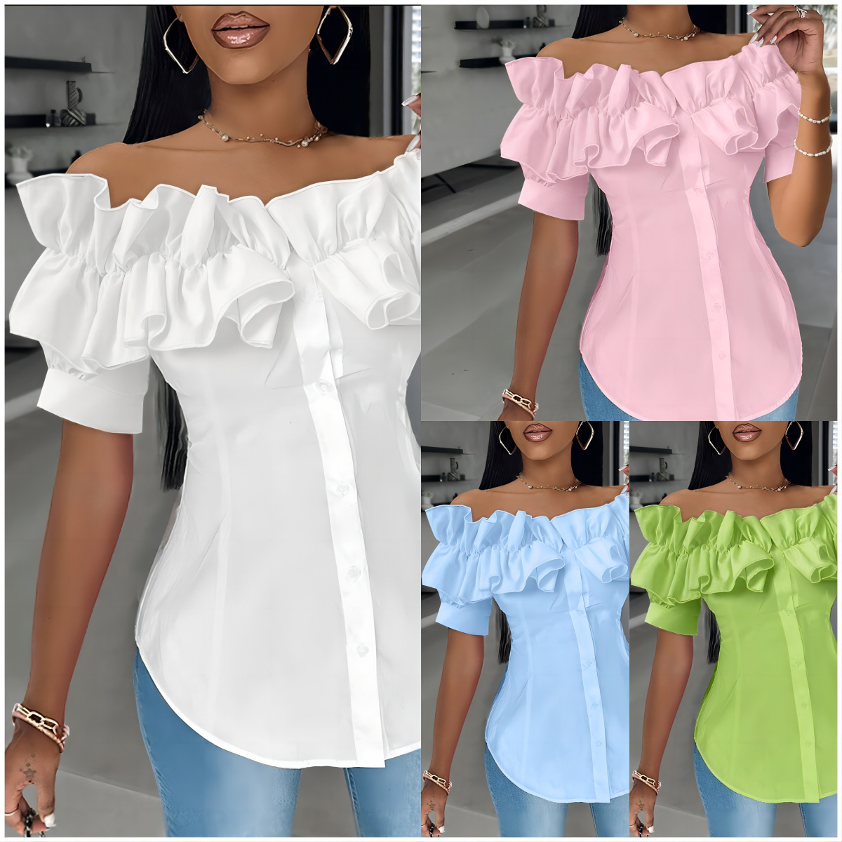 Mujeres Blusa Manga Corta Blusas Botón Casual Vacaciones Color Sólido